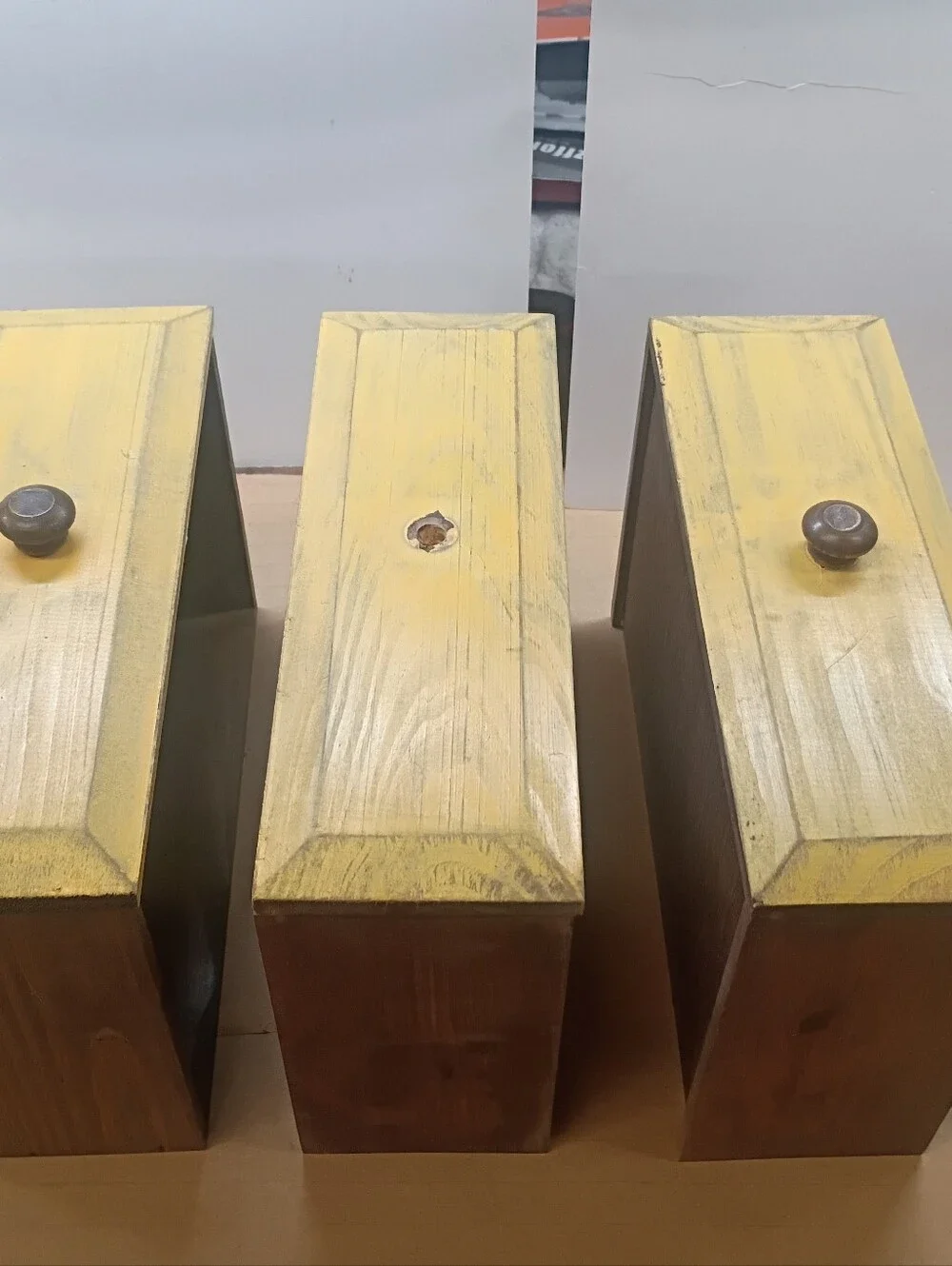 Small 3 Drawer Pine Accent Chest, Blue With Yellow Drawers, Rustic